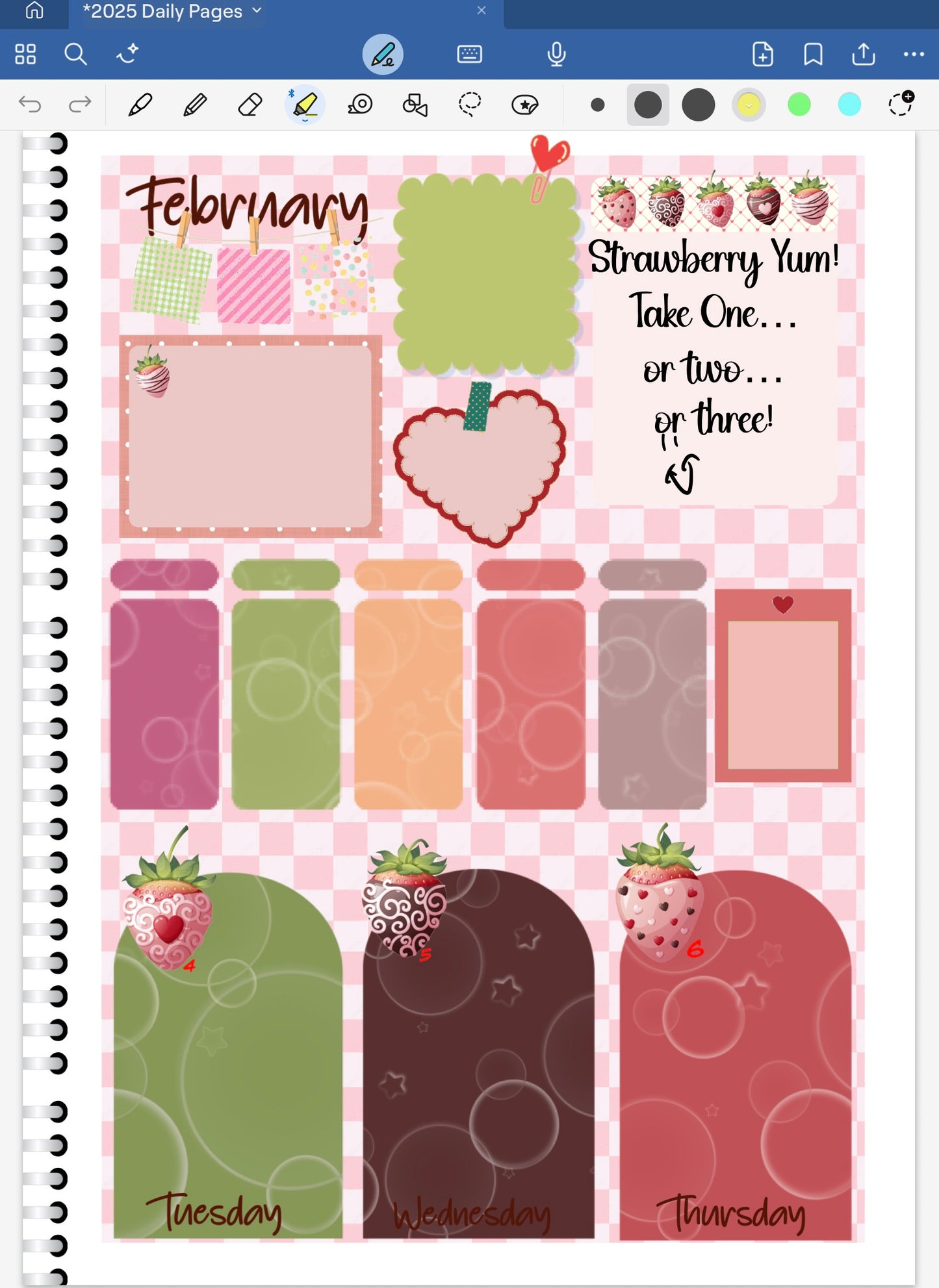 Planner stickers with strawberry theme on a digital Goodnotes spread.