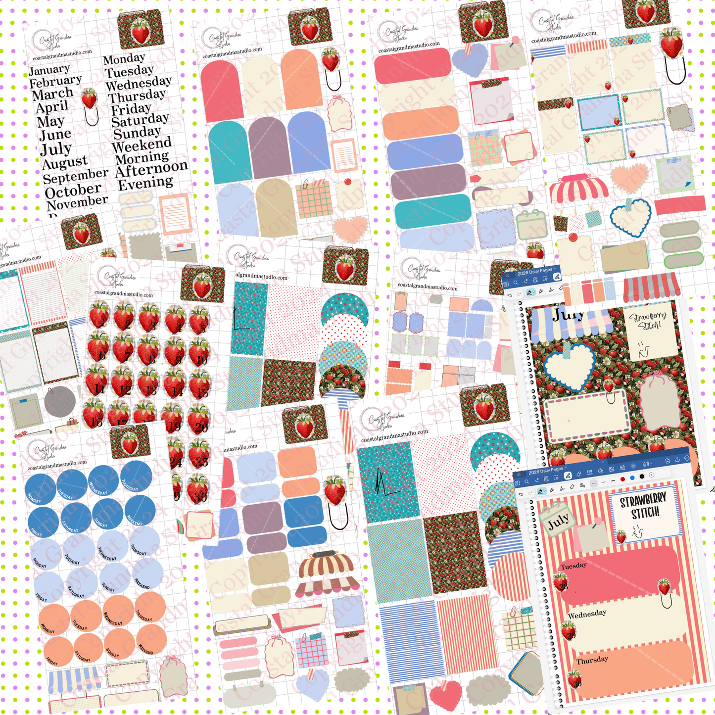 Strawberry Stitch! GoodNotes Sticker Bundle – Digital Planner Stickers for iPad, Pre-Cropped Aesthetic Stickers Pack (8800-BU)