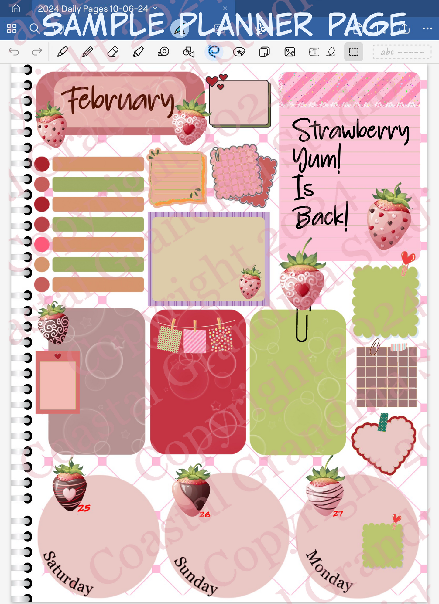 Strawberry Yum! Day Rounds Digital Pre-Cropped Stickers For Goodnotes (4500-DR)