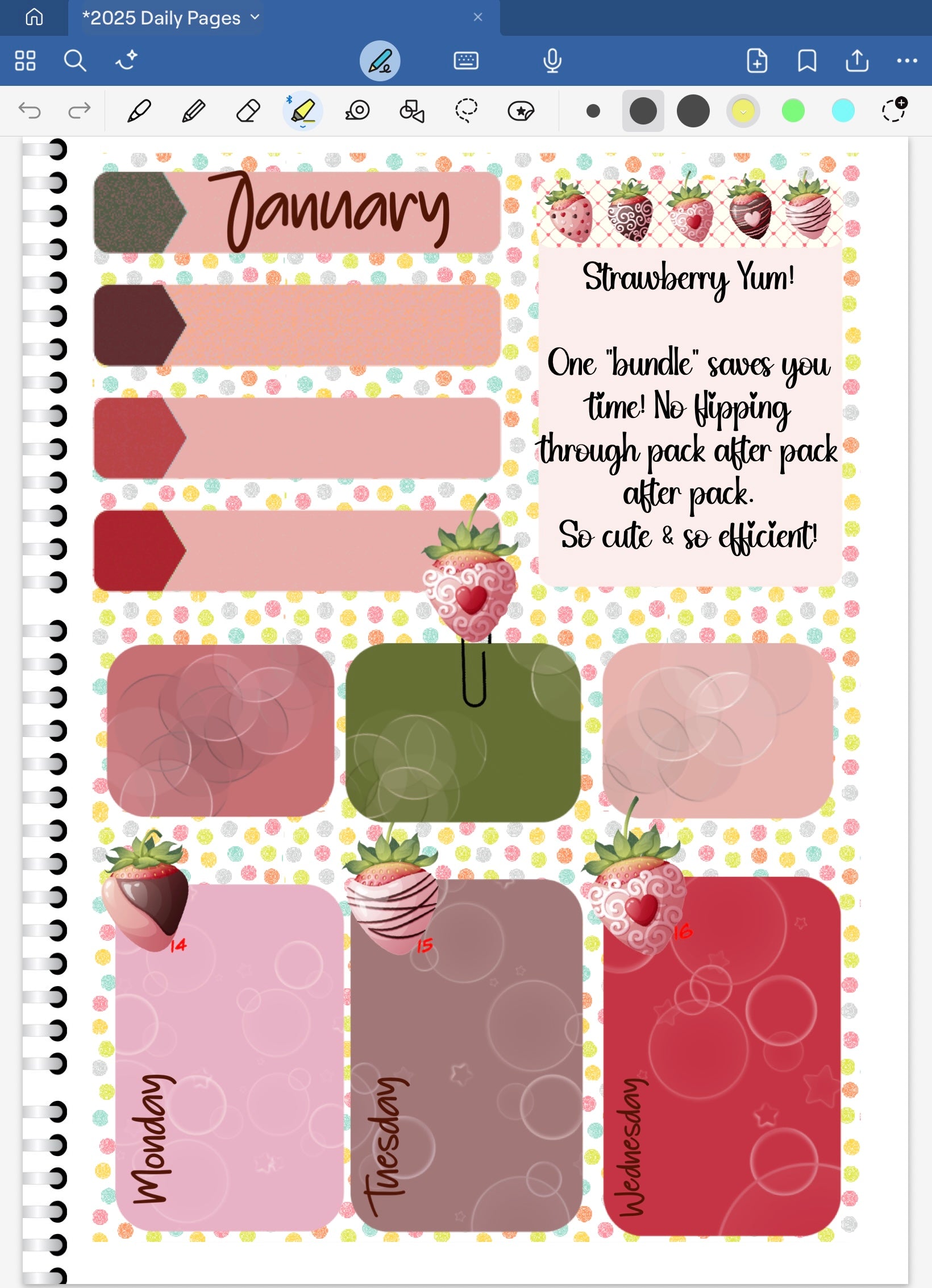 Goodnotes calendar stickers with days of the week and strawberry-themed design on a patterned background.