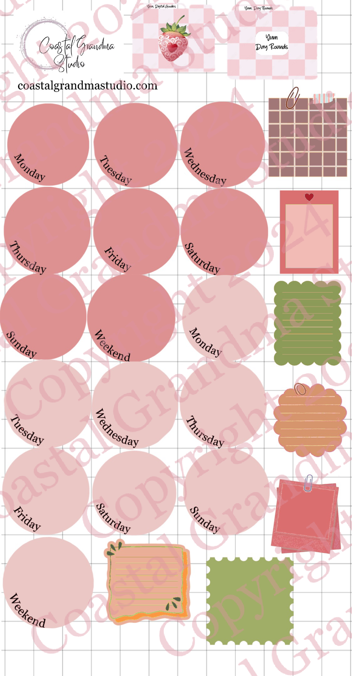 Strawberry Yum! Day Rounds Digital Pre-Cropped Stickers For Goodnotes (4500-DR)