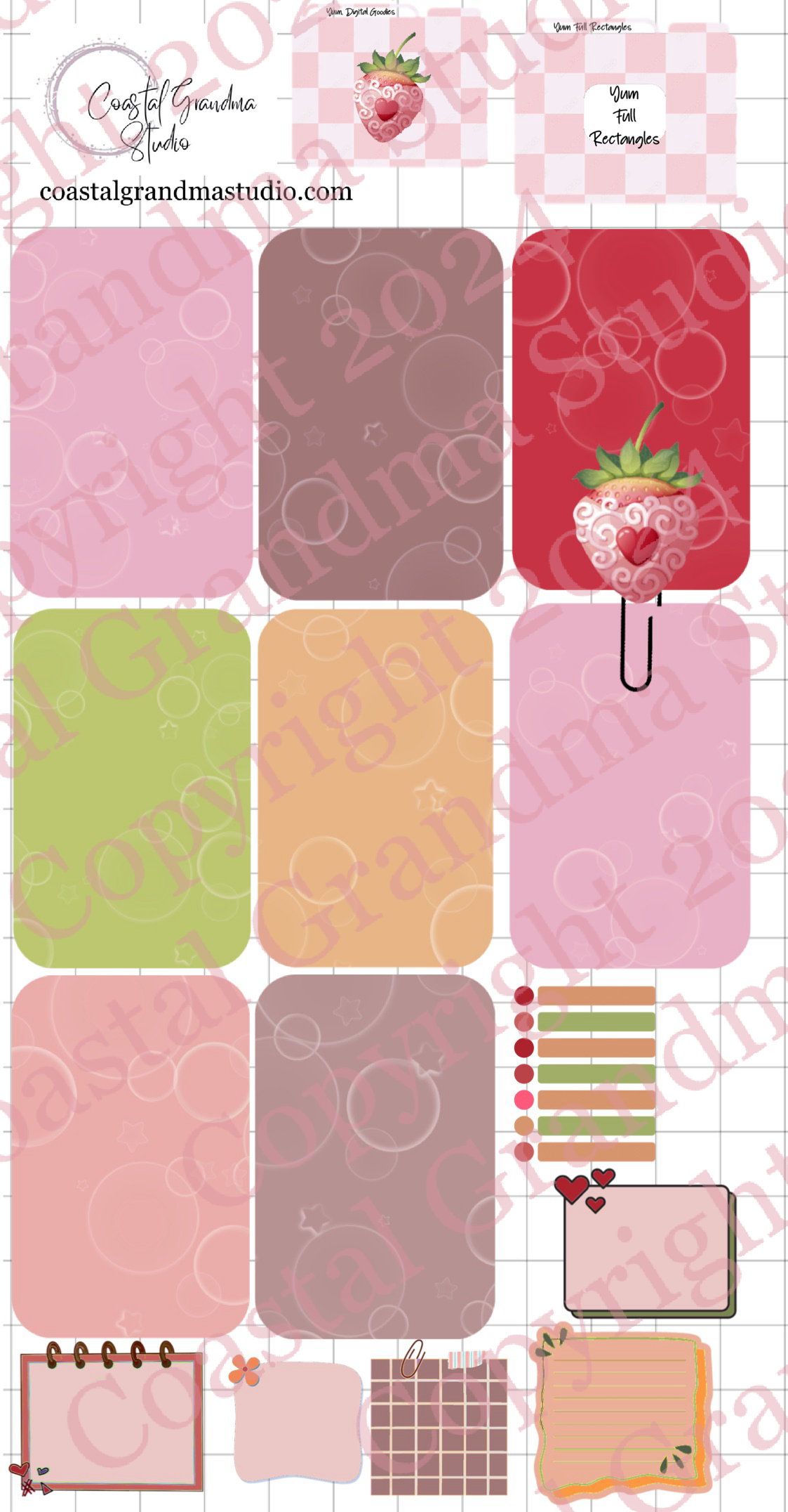 Strawberry Yum! Full Rectangles Digital Pre-Cropped Stickers For Goodnotes (4500-FR)