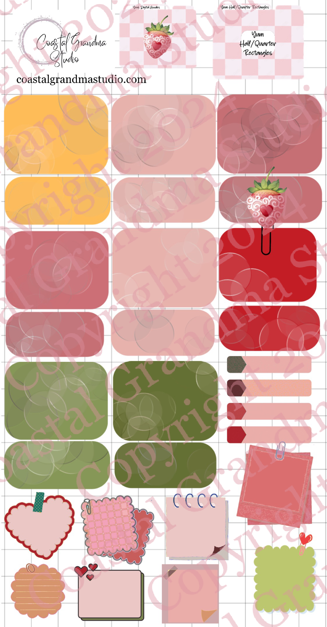 Strawberry Yum! Half/Quarter Rectangles Digital Pre-Cropped Stickers For Goodnotes (4500-HQ)