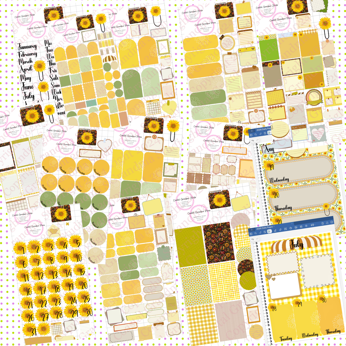 Sunflower Social! GoodNotes Sticker Bundle – Digital Planner Stickers for iPad, Pre-Cropped Aesthetic Stickers Pack (9600-BU)