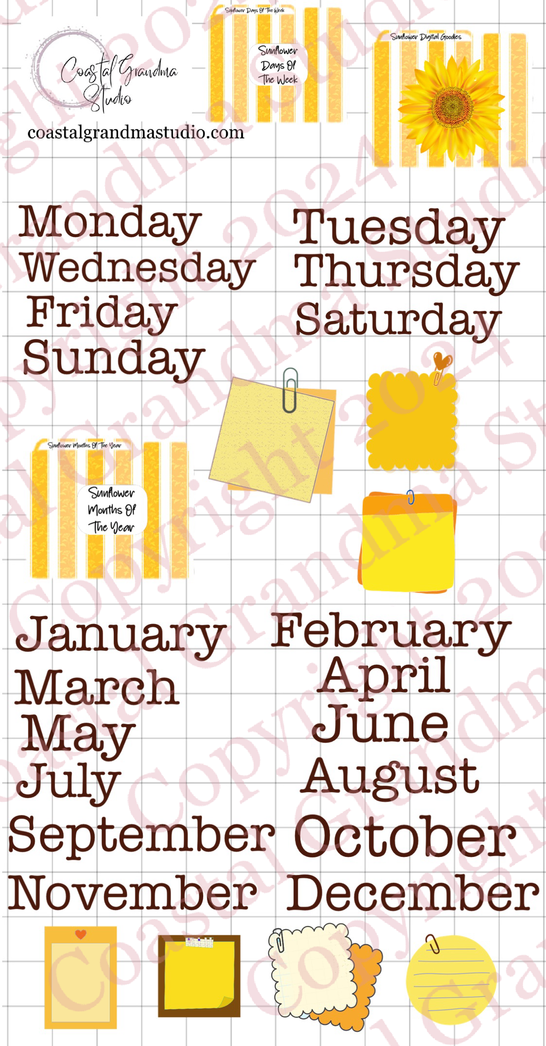 Sunflower! Days Of The Week/Months Of The Year Download Pre-Cropped Stickers For Goodnotes (4200-DM)