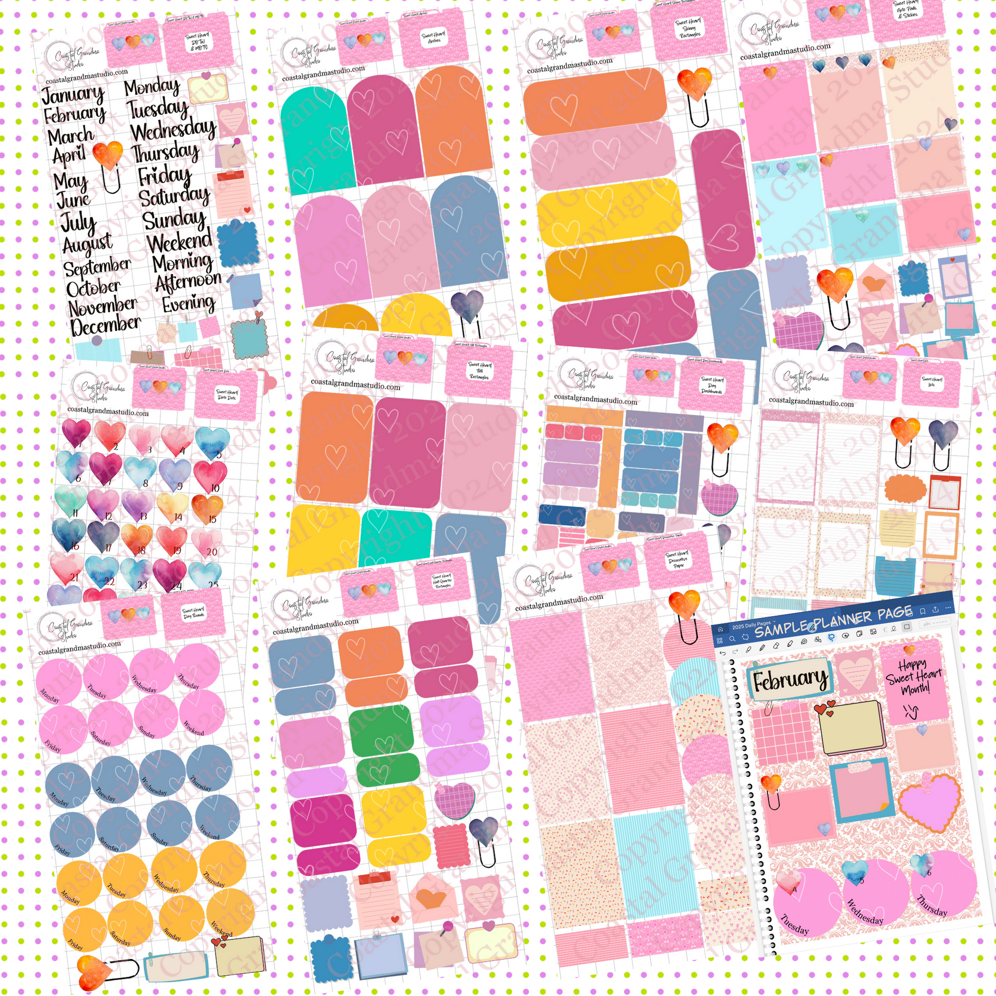 Goodnotes planner stickers pastel hearts and print design valentine's day love stickers