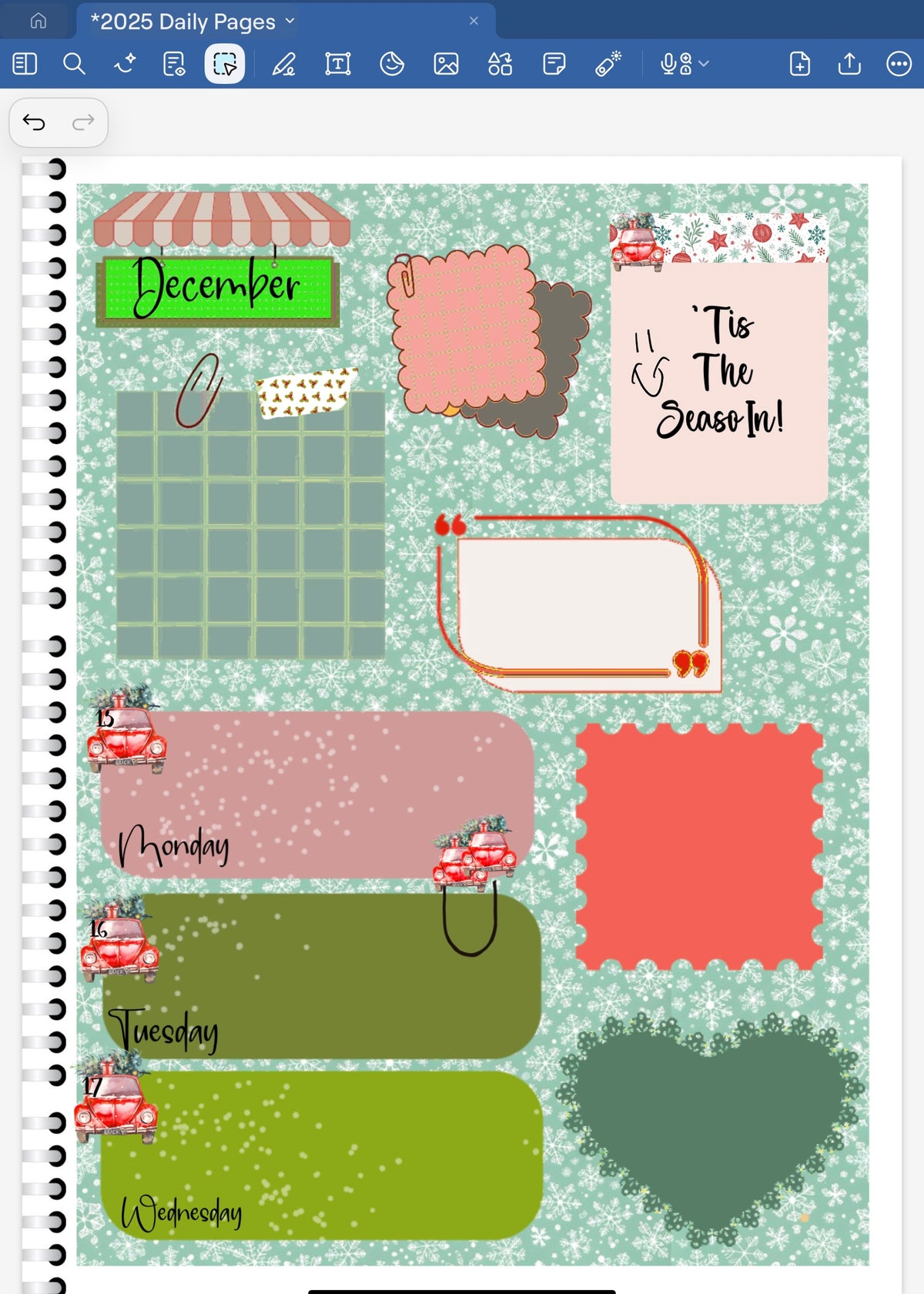 Goodnotes Digital Planner Spread only using date dots, stickers and coordinatinga patterned paper from the Tis The Season Digital Bundle.