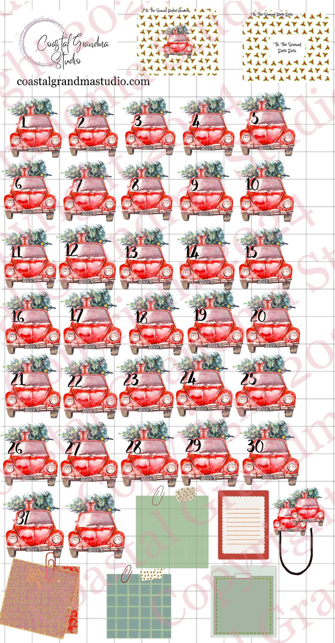 Sheet of planner stickers featuring red cars with Christmas trees, numbers, and decorative elements.