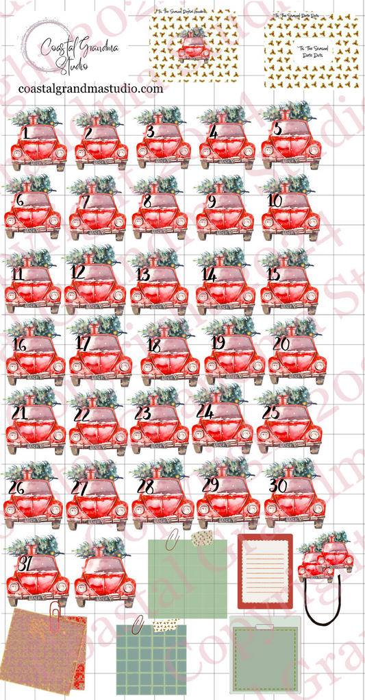 Sheet of planner stickers featuring red cars with Christmas trees, numbers, and decorative elements.