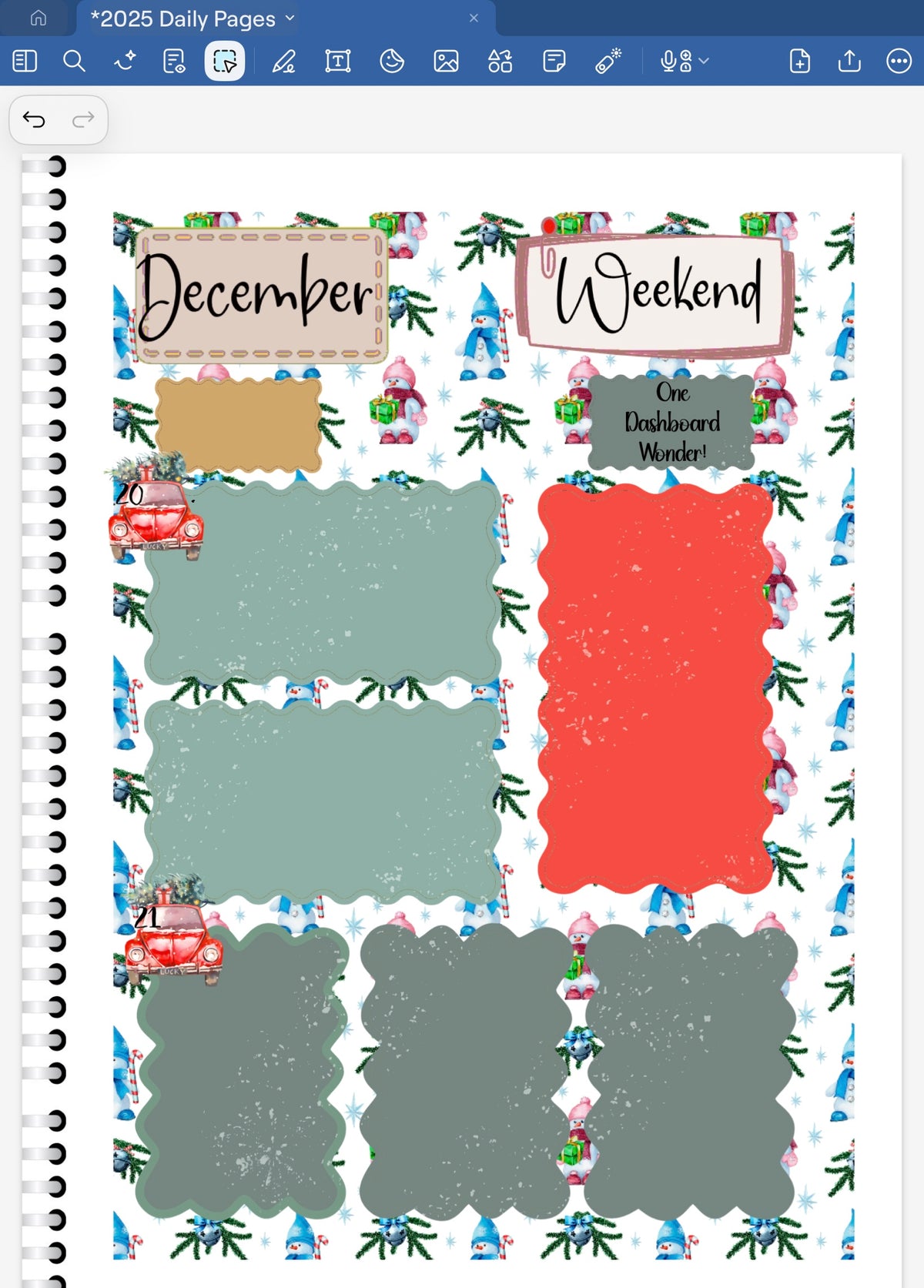 Goodnotes Digital Planner Spread only using date dots, stickers and coordinatinga patterned paper from the Tis The Season Digital Bundle.