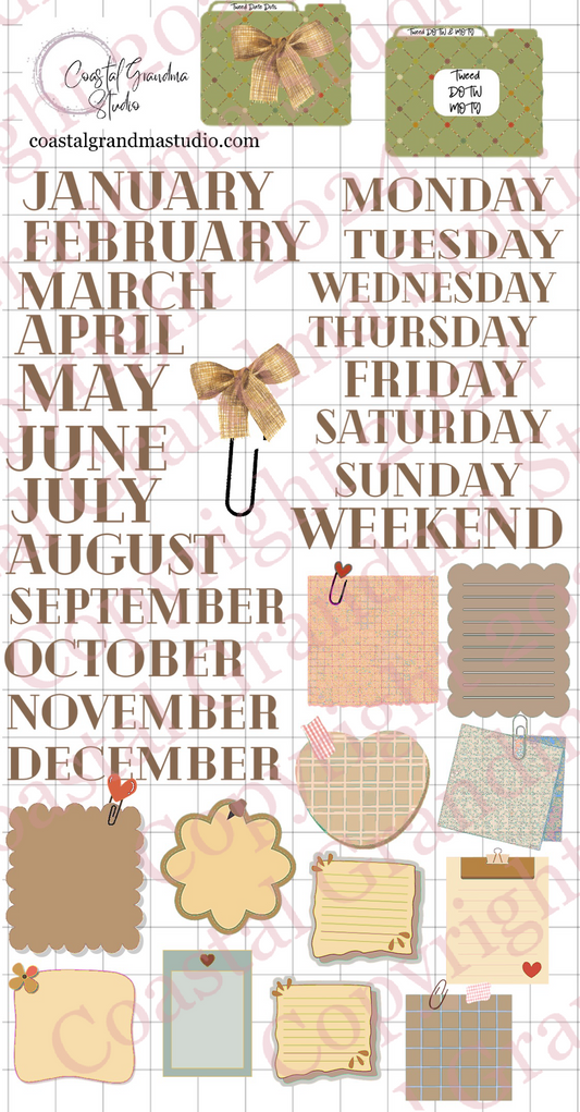 Classic Tweed Bow! Days Of The Week/Months Of The Year Download Pre-Cropped Stickers For Goodnotes (5100-DM)