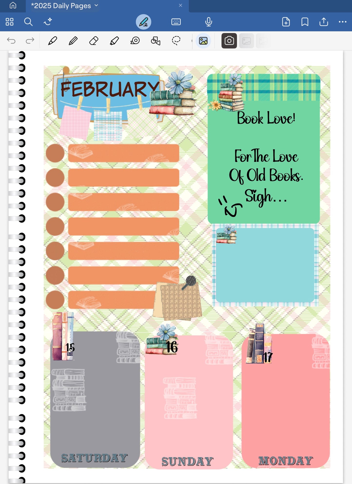 Goodnotes planner spread with book decorative elements and text on a patterned background