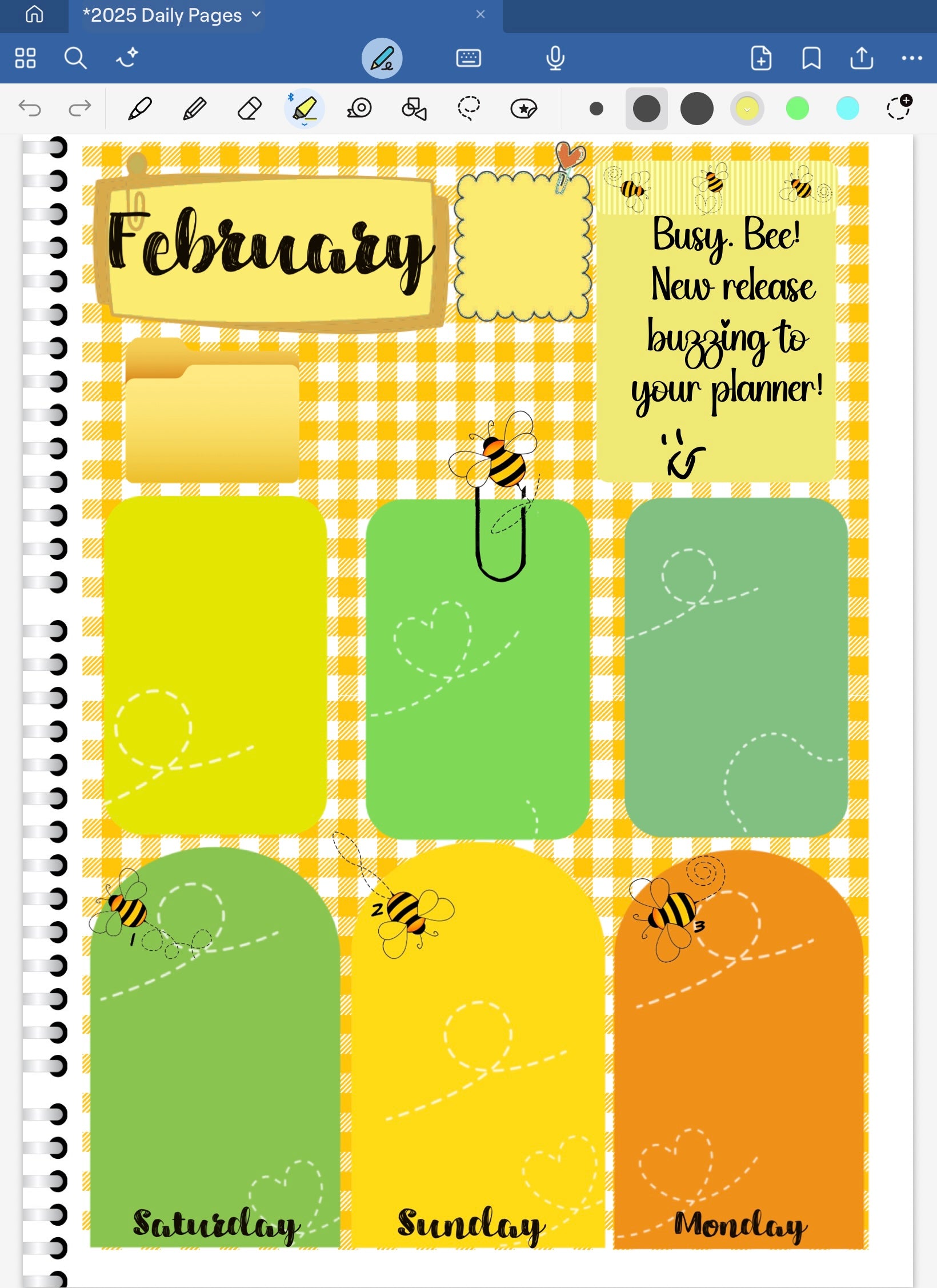 Goodnotes planner spread with Busy Bee digital stickers, 